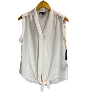 Zac & Rachel Ivory Sleeveless Tie Front V-Neck Blouse Epaulette Size M NWT Chic